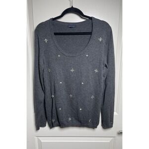 Tommy Hilfiger Women's Large Gray Embellished Cotton Pullover Knit Sweater Soft
